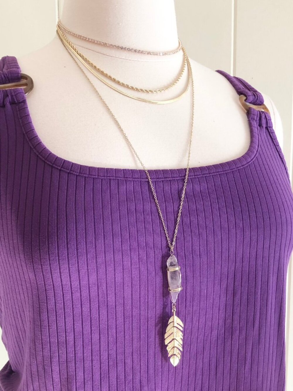 Retro 14kt Gold Wire Wrap Purple Agate Pendant Necklace
